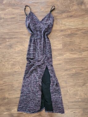 Fame and Partners Black and Purple Knit Maxi Dress with Front Slit
